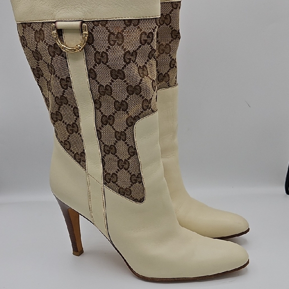 Gucci Cream and Brown Heeled Boots - Picture 1 of 17